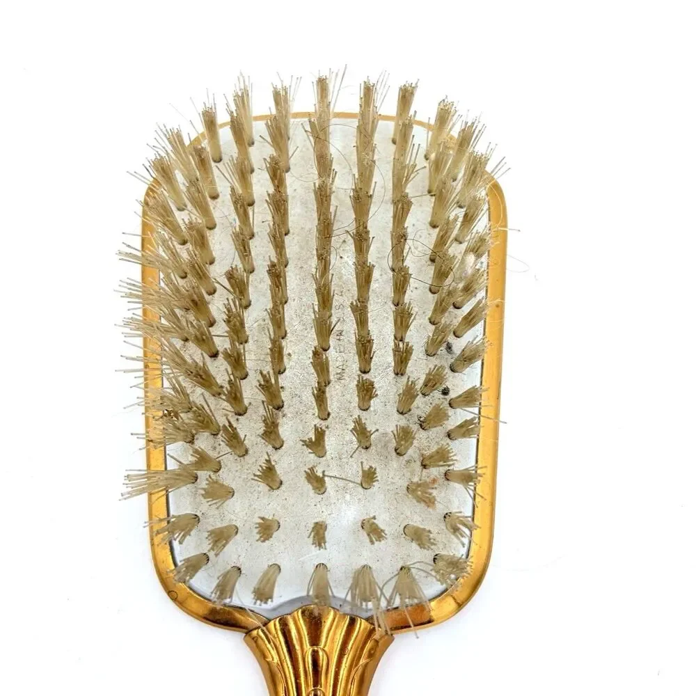 Vintage Gold Tone Vanity Hair Brush Floral Heart Dresser Brush